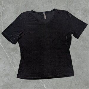 L'vory Vtg Women's‎ Black Blouse Large Stretch USA Made Designer Vneck